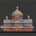 Cartoon Scene Of Red Traditional Building With Multiple Golden Domes And Snowy Roof