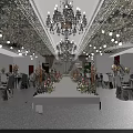 Elegant Banquet Hall With Chandelier Greenery Ceiling Floral Decorations White Aisle And Golden Pillars