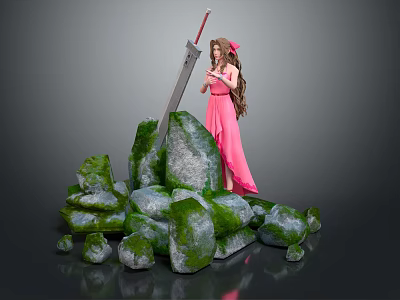 Female Character Standing In Pink Dress With Large Sword By Mossy Rocks 3d model