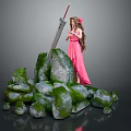 Female Character Standing In Pink Dress With Large Sword By Mossy Rocks