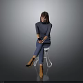 Woman Sitting On White Chair In Gray Top Blue Jeans Holding Phone Against Gray Background