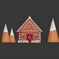 Festive Gingerbread House With Red Door Cone Shaped Trees And White Snow Decorations