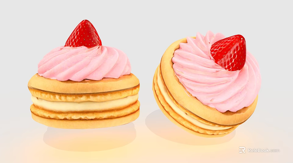 Delicious Layered Pancake Stack Dessert with Pink Frosting and Fresh Strawberry Topping 3d model 
