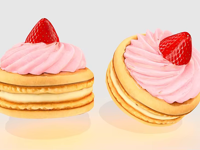 Delicious Layered Pancake Stack Dessert with Pink Frosting and Fresh Strawberry Topping 3d model