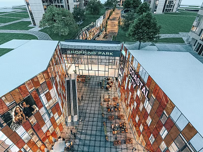 Modern Commercial Street With Glass Facade Green Trees Pedestrian Area And Shops 3d model