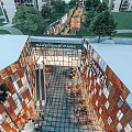 Modern Commercial Street With Glass Facade Green Trees Pedestrian Area And Shops