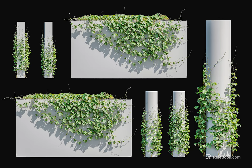 Green Vines with Lush Foliage Covering White Walls and Wrapping Around Columns 3d model 