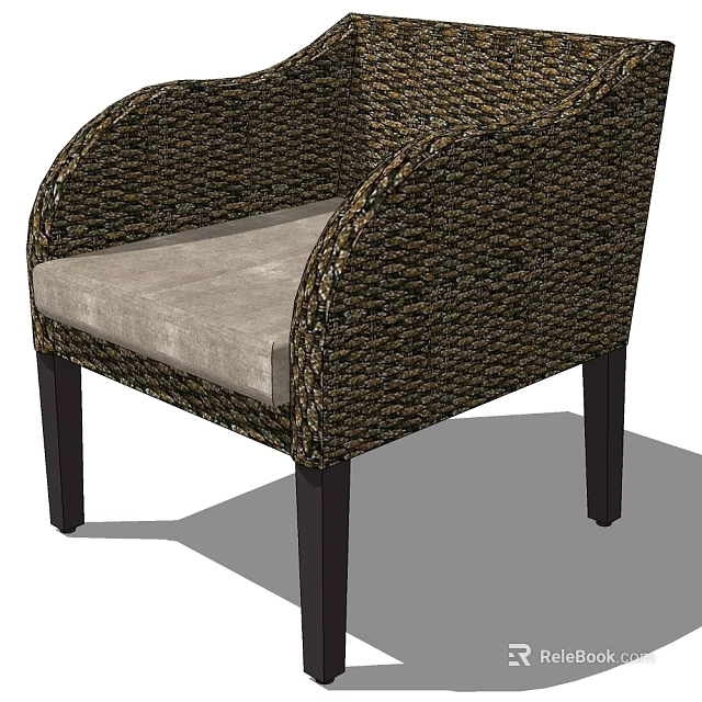 Stylish Wicker Armchair With Light Gray Cushion And Dark Wooden Legs 3d model 