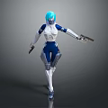 Futuristic Game Movie Character With Blue Hair White And Blue Outfit Holding Guns