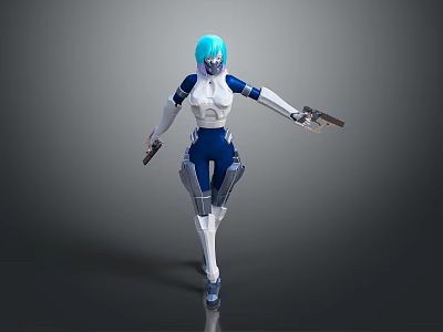 Futuristic Game Movie Character With Blue Hair White And Blue Outfit Holding Guns 3d model