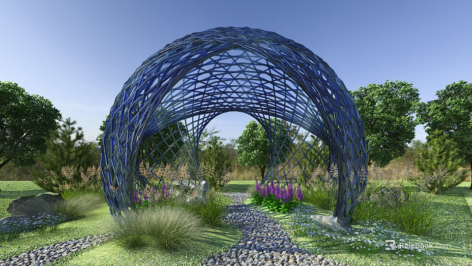 Park Landscape With Blue Woven Arch Structure Pebble Path Purple Flowers Green Grass And Trees 3d model 