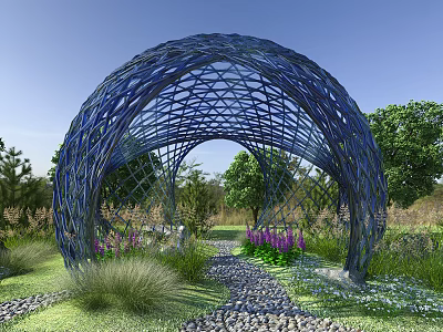 Park Landscape With Blue Woven Arch Structure Pebble Path Purple Flowers Green Grass And Trees 3d model