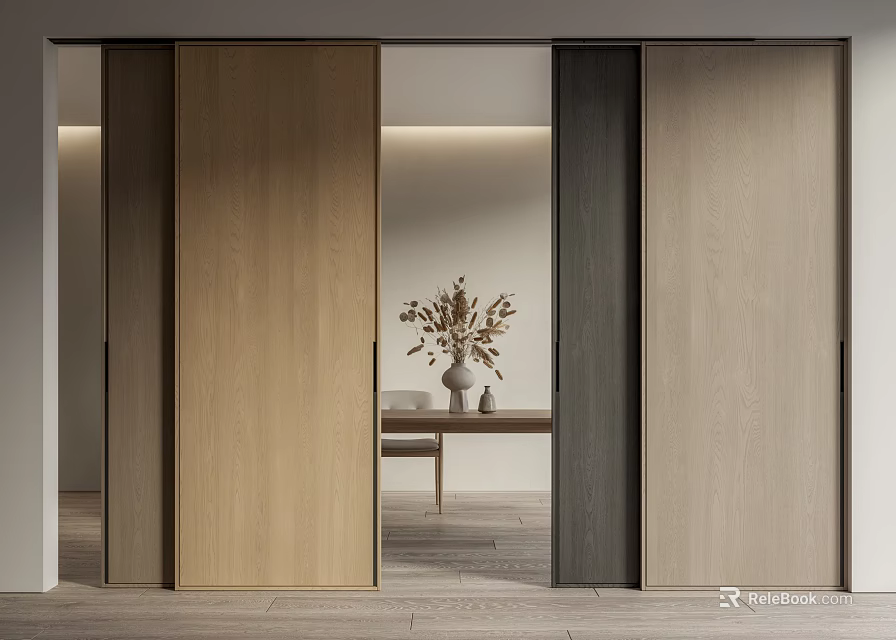 Modern Wooden Sliding Doors with Neutral Tones in Contemporary Interior Living Space Design 3d model 