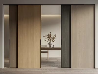 Modern Wooden Sliding Doors with Neutral Tones in Contemporary Interior Living Space Design 3d model