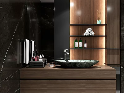 Modern Bathroom Interior With Dark Marble Walls Wooden Vanity Vessel Sink Shelves Towels And Toiletries 3d model