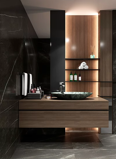 Modern Bathroom Interior With Dark Marble Walls Wooden Vanity Vessel Sink Shelves Towels And Toiletries 3d model