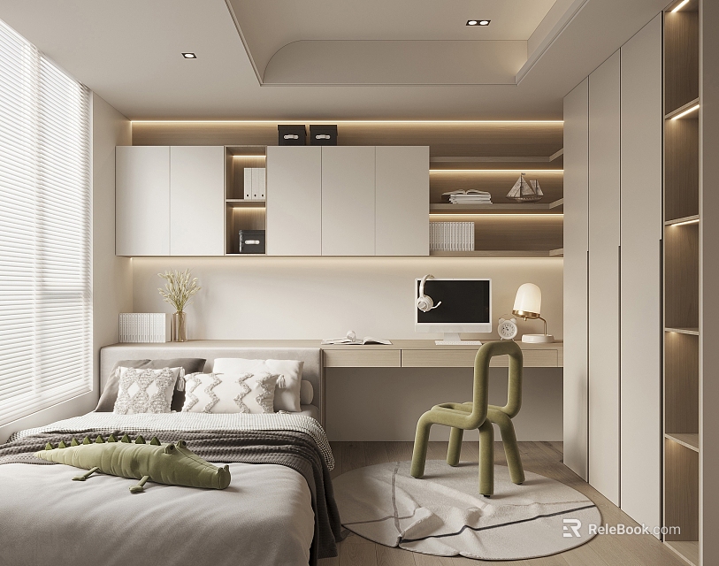 Modern Tatami Bedroom Interior With Storage Cabinets Desk Chair And Warm Lighting 3d model 