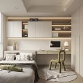 Modern Tatami Bedroom Interior With Storage Cabinets Desk Chair And Warm Lighting