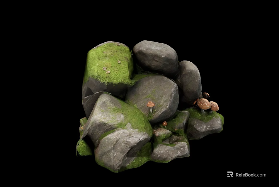 Natural Stacked Rockery Stones With Green Moss And Small Mushrooms 3d model 