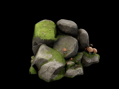 Natural Stacked Rockery Stones With Green Moss And Small Mushrooms 3d model