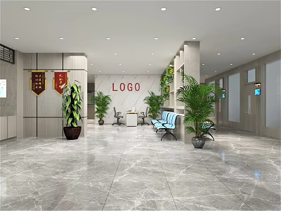 Modern Lobby Interior With LOGO Wall Reception Desk Plants Sofa And Marble Floor 3d model