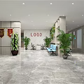 Modern Lobby Interior With LOGO Wall Reception Desk Plants Sofa And Marble Floor