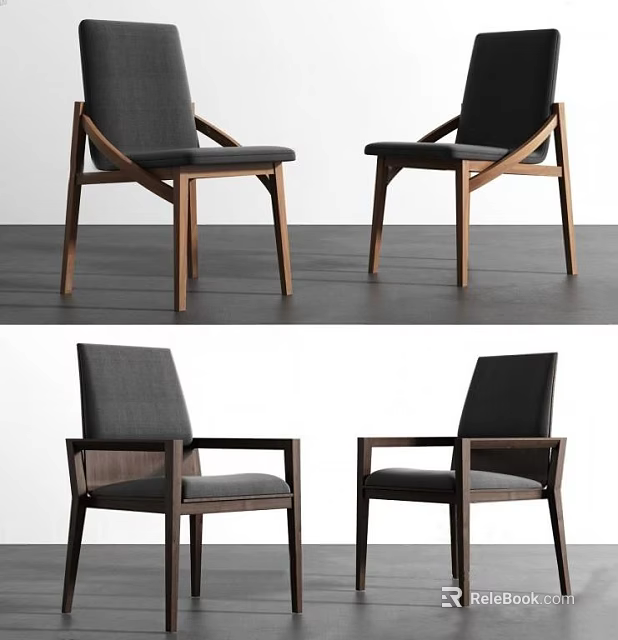 Modern Dining Chairs with Walnut Wooden Frame Dark Gray Fabric Seat and Armrests 3d model 