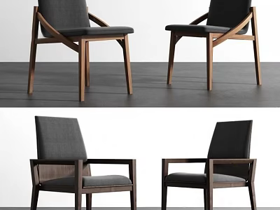 Modern Dining Chairs with Walnut Wooden Frame Dark Gray Fabric Seat and Armrests 3d model