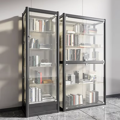 Modern Glass Door Bookcase With Black Frame And Shelves Filled With Books 3d model