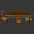 Classic Wooden Dining Table Set With Four Chairs And Orange Fabric Seats