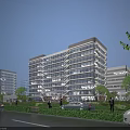 Modern Multi Storey Office Building With Glass Curtain Walls And Landscaping Lighting