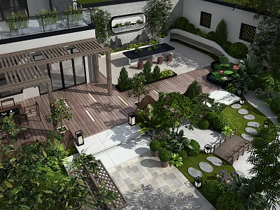 Garden Landscape Design With Wooden Deck Pergola Green Plants And Stone Pathway 3d model