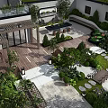 Garden Landscape Design With Wooden Deck Pergola Green Plants And Stone Pathway