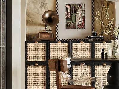 Vintage Sideboard with Woven Rattan Panels Decorative Gramophone Painting and Blossom Vase 3d model