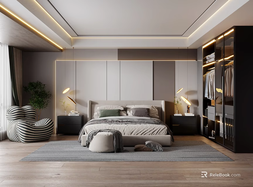 Stylish Modern Bedroom Interior With Large Bed Striped Chair Black Wardrobe And Green Plant 3d model 
