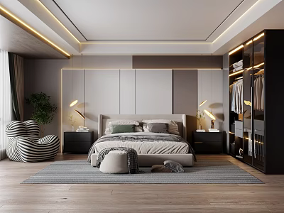 Stylish Modern Bedroom Interior With Large Bed Striped Chair Black Wardrobe And Green Plant 3d model