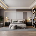 Stylish Modern Bedroom Interior With Large Bed Striped Chair Black Wardrobe And Green Plant