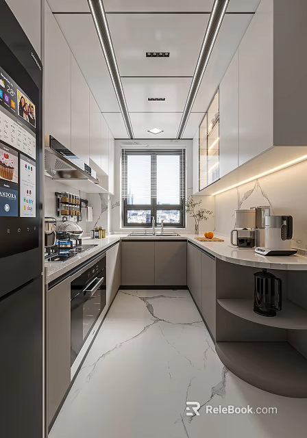 Modern Kitchen Interior with Gray Cabinets Marble Countertops Windows Built-in Appliances and Ceiling Lighting 3d model 