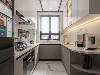 Modern Kitchen Interior with Gray Cabinets Marble Countertops Windows Built-in Appliances and Ceiling Lighting 3d model