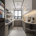 Modern Kitchen Interior with Gray Cabinets Marble Countertops Windows Built-in Appliances and Ceiling Lighting