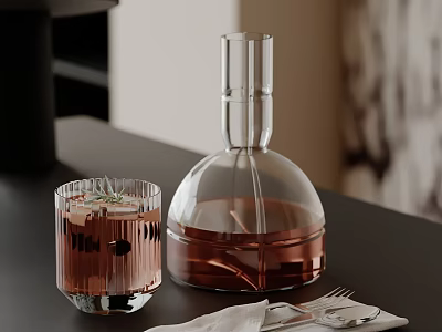 Modern Decorative Ornament Set With Glass Decanter Striped Cup And Silver Cutlery On Dining Table 3d model