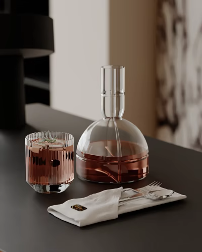 Modern Decorative Ornament Set With Glass Decanter Striped Cup And Silver Cutlery On Dining Table 3d model