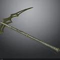 Ornate Decorative Bladed Equipment With Golden Green Curved Design And Long Handle