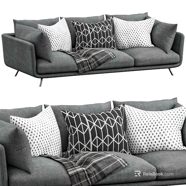 Gray Three Seater Sofa With Geometric Polka Dot Pillows And Plaid Throw 3d model