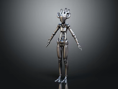 Silver Metallic Robot Character With Crown Shaped Headpiece Articulated Joints 3D Model Standing Dark Background 3d model