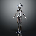 Silver Metallic Robot Character With Crown Shaped Headpiece Articulated Joints 3D Model Standing Dark Background