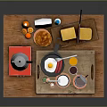 Breakfast Food Spread With Corn Flakes Fried Eggs Cheese Milk Orange Juice And Coffee