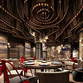 Elegant Restaurant Interior Featuring Spiral Ceiling Red Chairs Round Tables Wooden Stone Walls