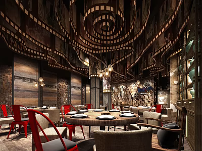 Elegant Restaurant Interior Featuring Spiral Ceiling Red Chairs Round Tables Wooden Stone Walls 3d model