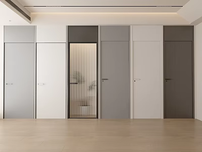 Modern Interior Hinged Doors In Gray White And Dark Colors With Light Wood Flooring 3d model
